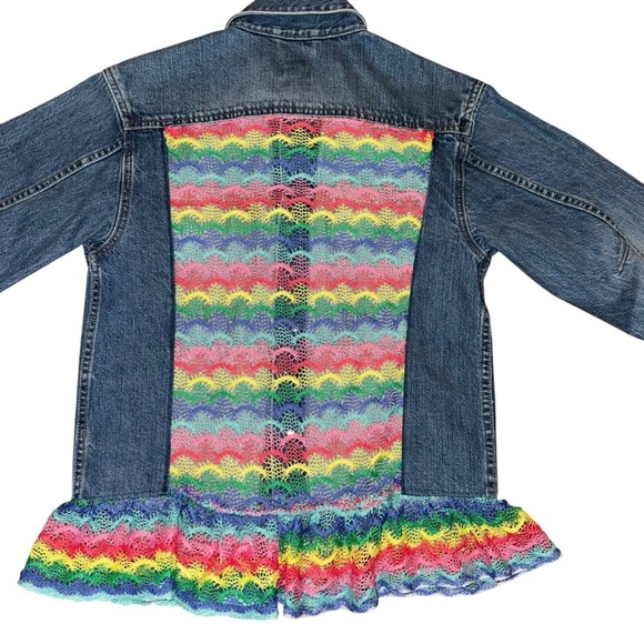 GAP Kids Denim Jacket with Rainbow Trim Girls Size XL Blue Denim Custom Made - Picture 2 of 5